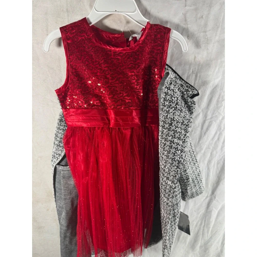 Nannette Kids 2pc Set Red Sequin Tulle Dress and Grey Tweed Coat Girls 3T NEW